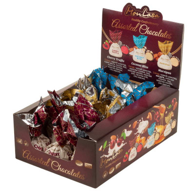 MonLasa - Show box with craft chocolates Coconut Delight, Cherry Truffle, Marzipan